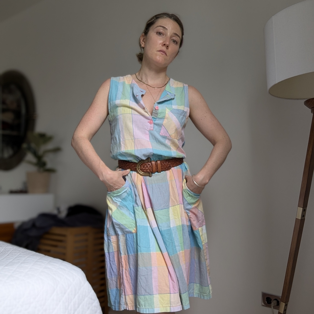 Vintage Pastel Madras Print Dress With Pockets From The 80s